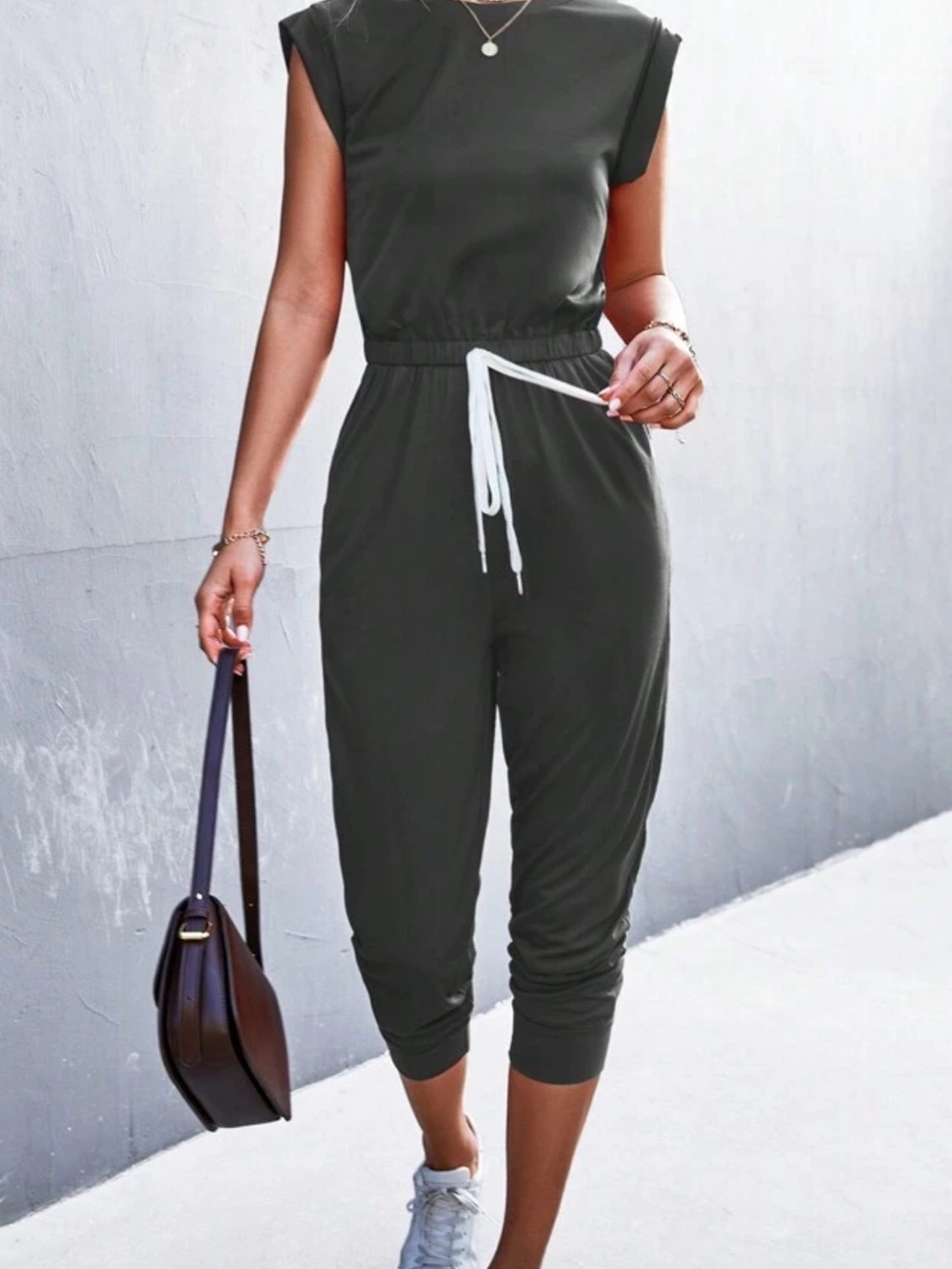 SHEIN Olive Sleeveless Cropped Drawstring Jumpsuit
